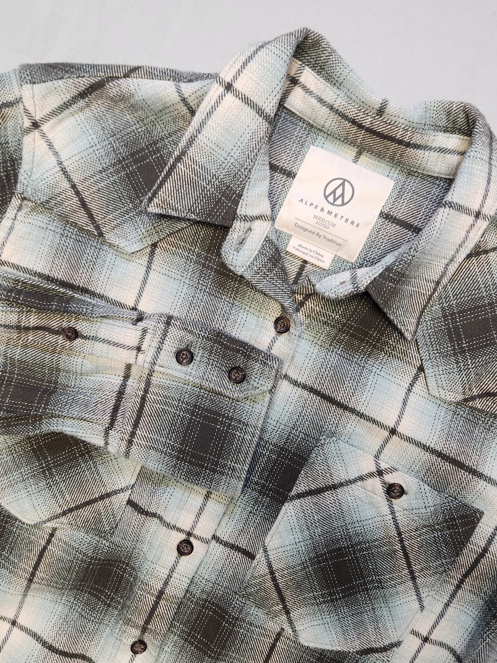 Alps & Meters Womens Flannel Shirt Blue Green White Plaid Medium Soft Western
